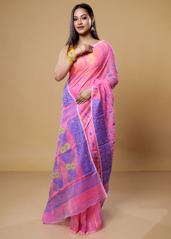 Pink Tant Jamdani Saree Without Blouse Piece