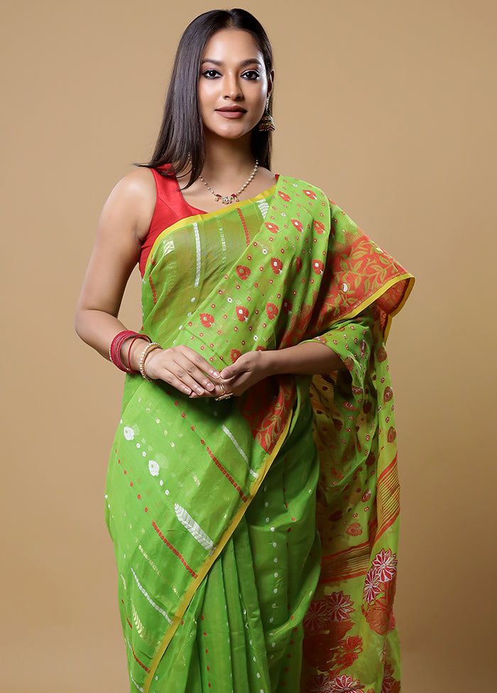 Green Tant Jamdani Saree Without Blouse Piece