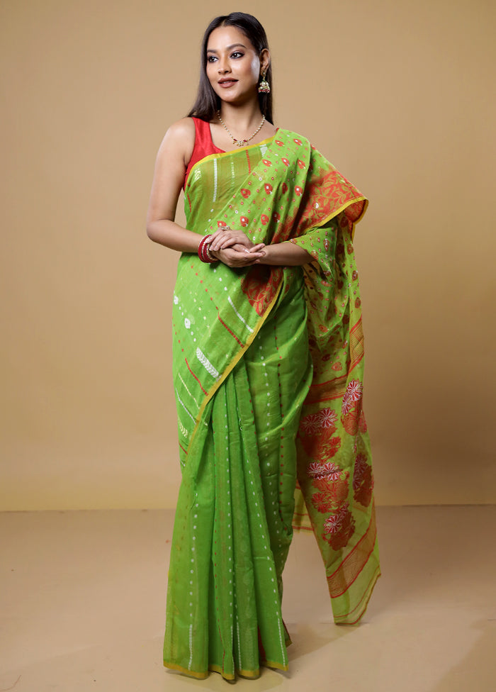 Green Tant Jamdani Saree Without Blouse Piece