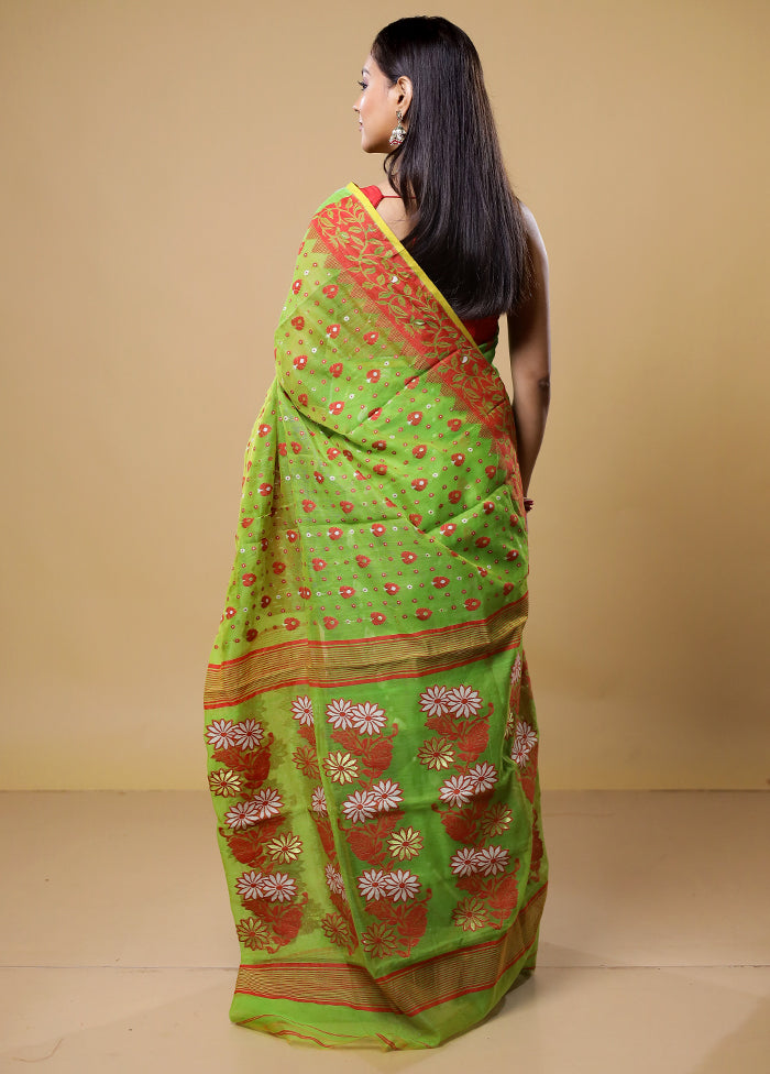 Green Tant Jamdani Saree Without Blouse Piece