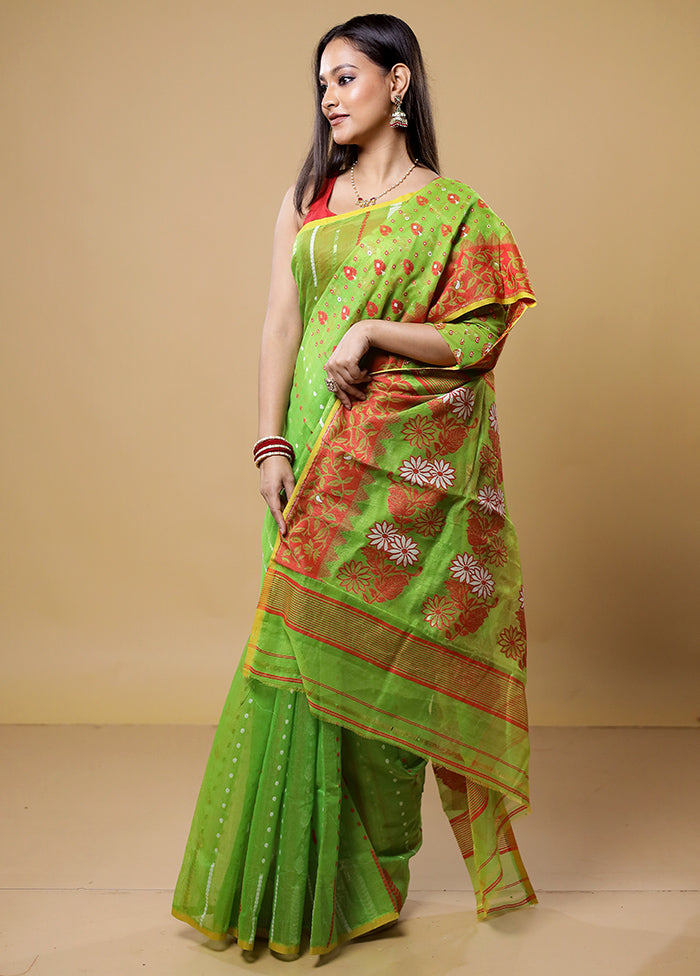 Green Tant Jamdani Saree Without Blouse Piece