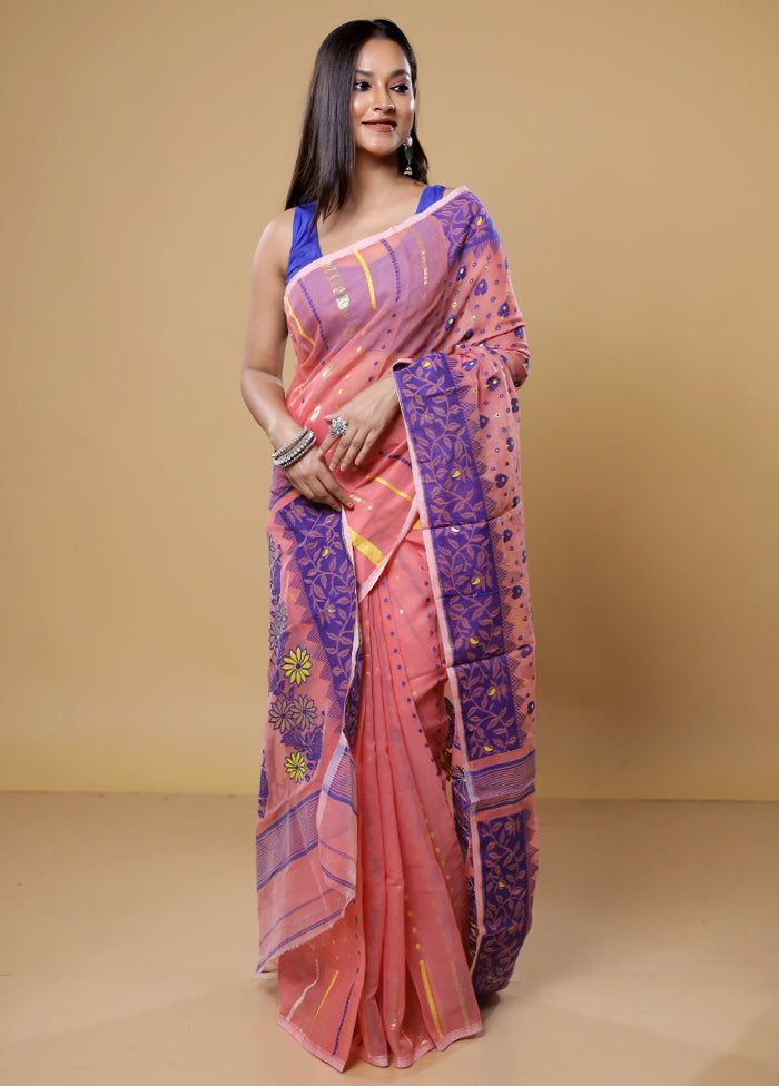 Pink Tant Jamdani Saree Without Blouse Piece