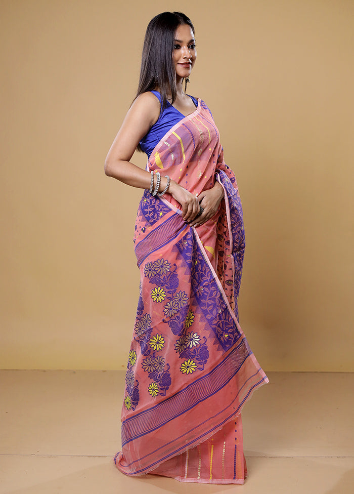 Pink Tant Jamdani Saree Without Blouse Piece