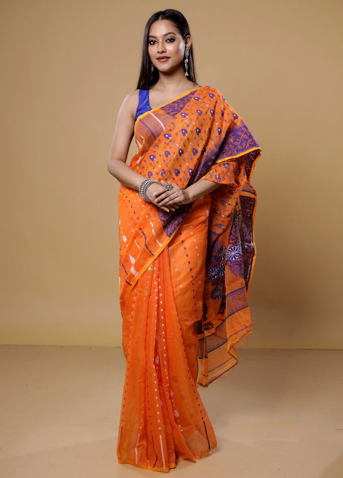 Orange Tant Jamdani Saree Without Blouse Piece