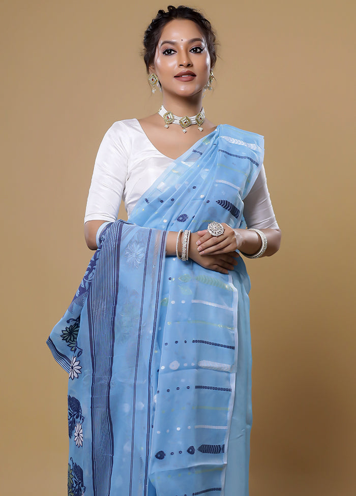 Blue Tant Jamdani Saree Without Blouse Piece