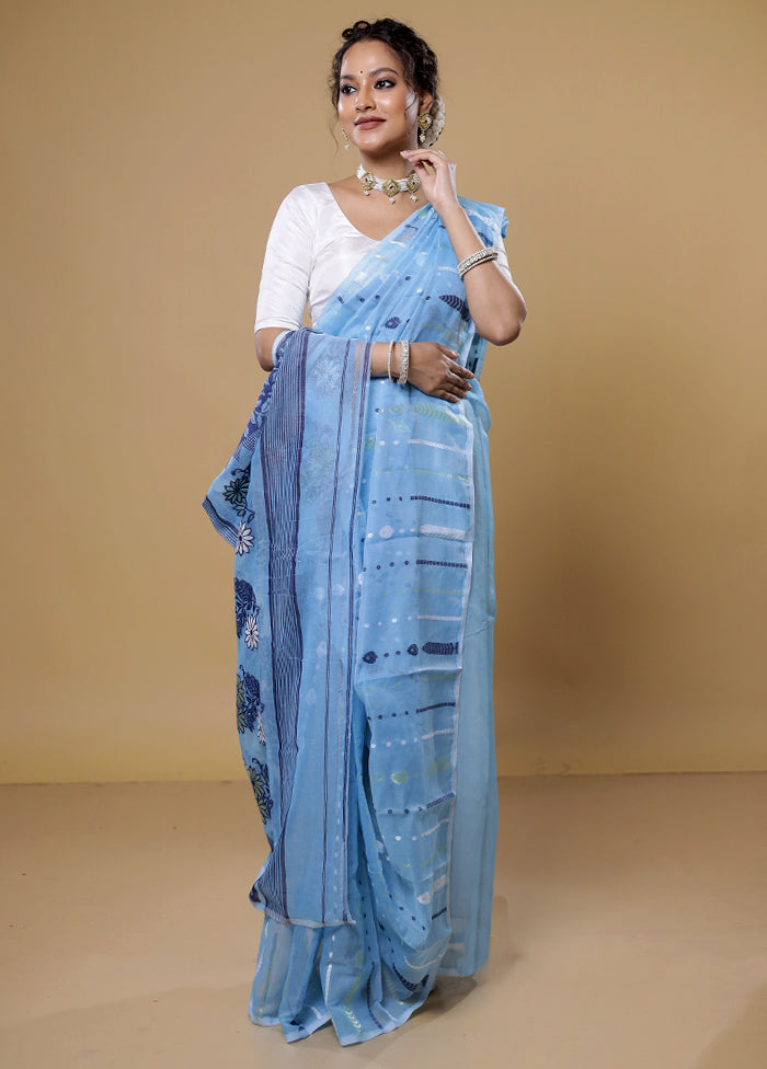 Blue Tant Jamdani Saree Without Blouse Piece