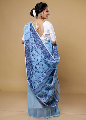 Blue Tant Jamdani Saree Without Blouse Piece