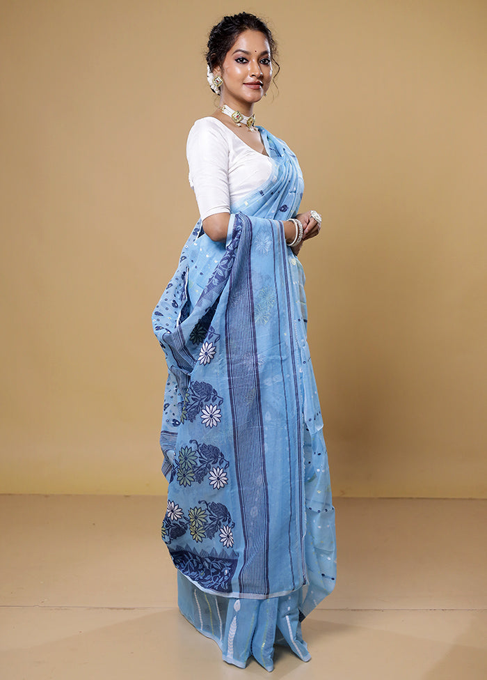 Blue Tant Jamdani Saree Without Blouse Piece