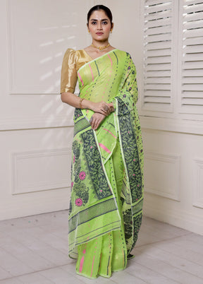 Green Tant Jamdani Saree Without Blouse Piece