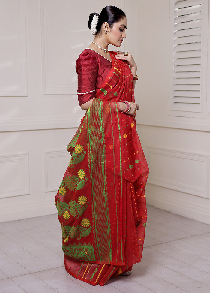 Red Tant Jamdani Saree Without Blouse Piece