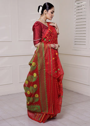 Red Tant Jamdani Saree Without Blouse Piece