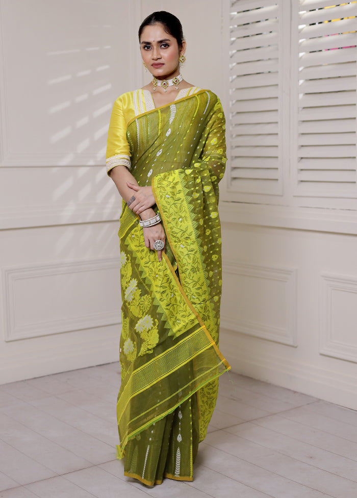 Green Tant Jamdani Saree Without Blouse Piece