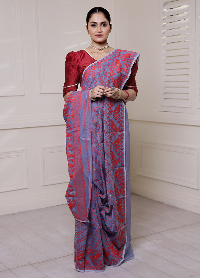 Grey Tant Jamdani Saree Without Blouse Piece