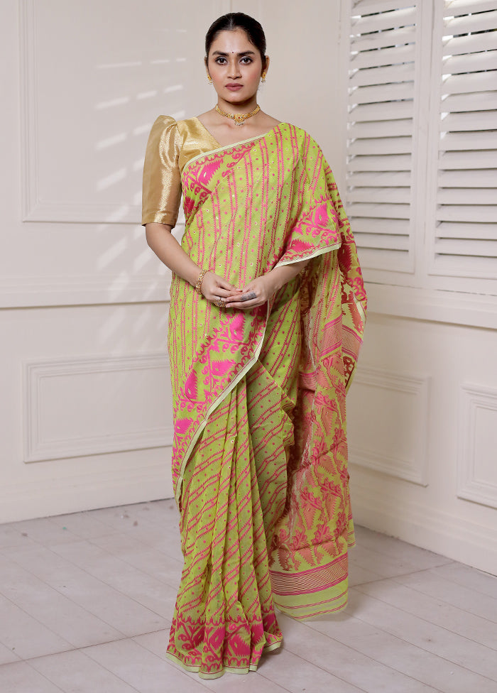 Green Tant Jamdani Saree Without Blouse Piece