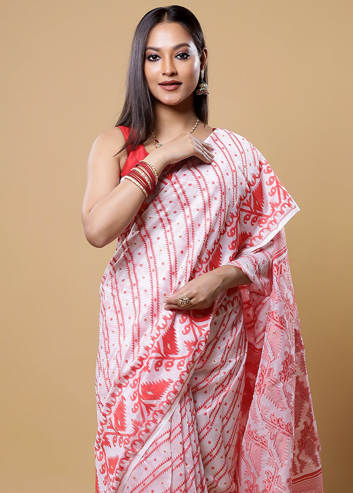 White Tant Jamdani Saree Without Blouse Piece