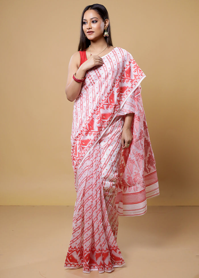 White Tant Jamdani Saree Without Blouse Piece