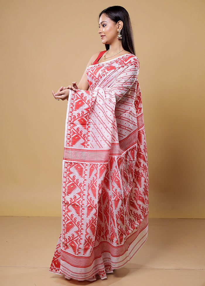 White Tant Jamdani Saree Without Blouse Piece