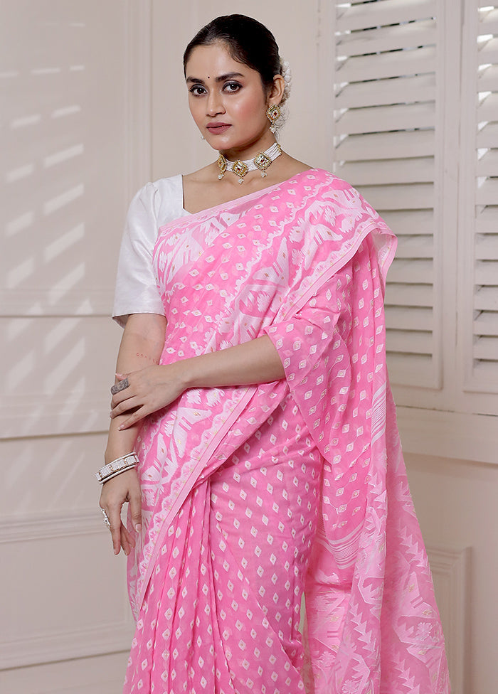 Pink Tant Jamdani Saree Without Blouse Piece