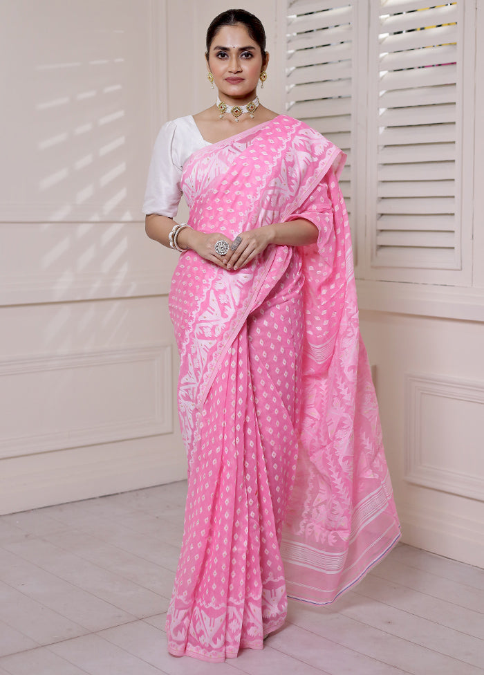 Pink Tant Jamdani Saree Without Blouse Piece