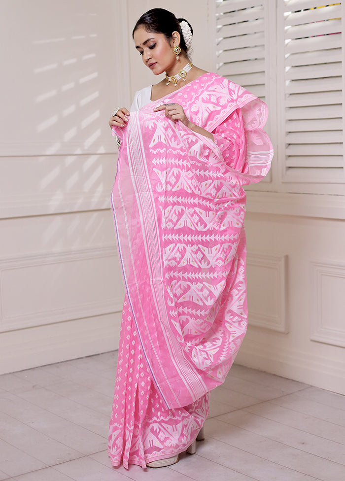 Pink Tant Jamdani Saree Without Blouse Piece