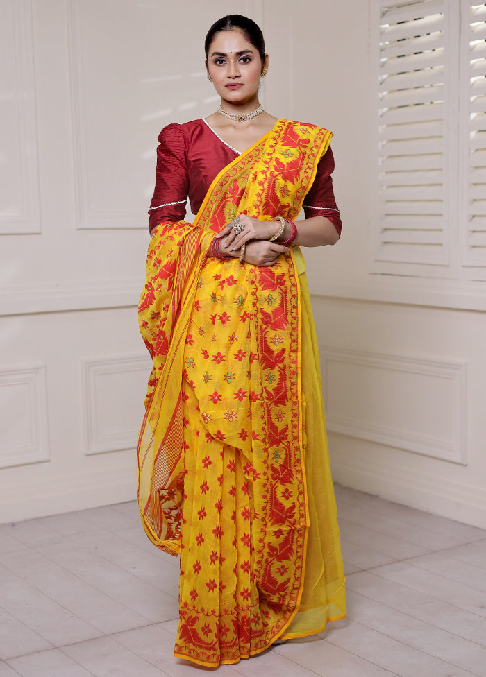 Yellow Tant Jamdani Saree Without Blouse Piece