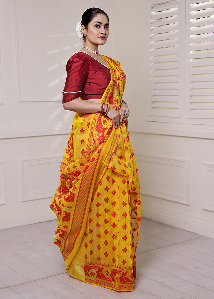 Yellow Tant Jamdani Saree Without Blouse Piece