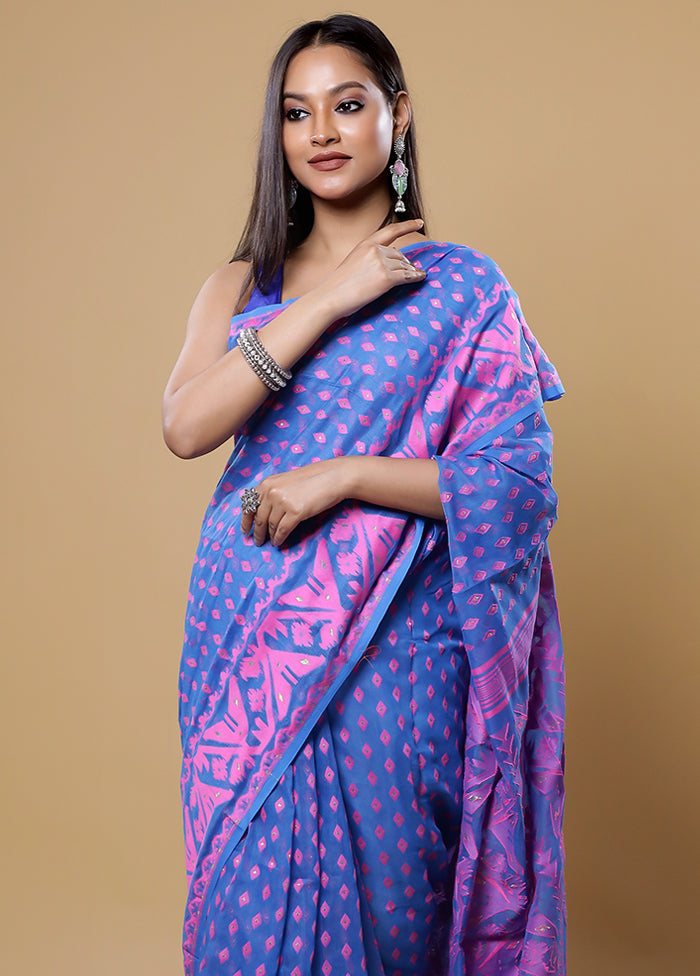 Blue Tant Jamdani Saree Without Blouse Piece