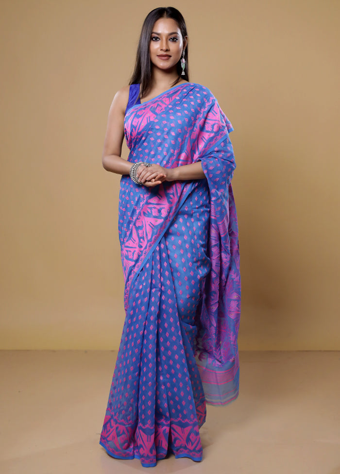 Blue Tant Jamdani Saree Without Blouse Piece