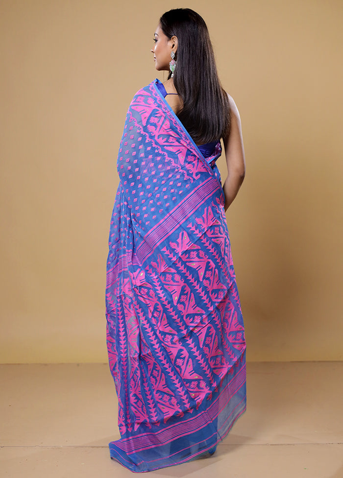 Blue Tant Jamdani Saree Without Blouse Piece