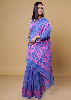 Blue Tant Jamdani Saree Without Blouse Piece