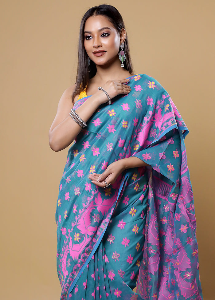 Green Tant Jamdani Saree Without Blouse Piece