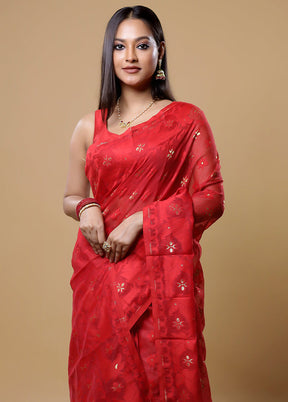 Red Tant Jamdani Saree Without Blouse Piece