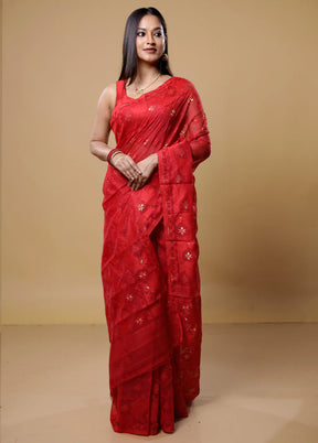 Red Tant Jamdani Saree Without Blouse Piece