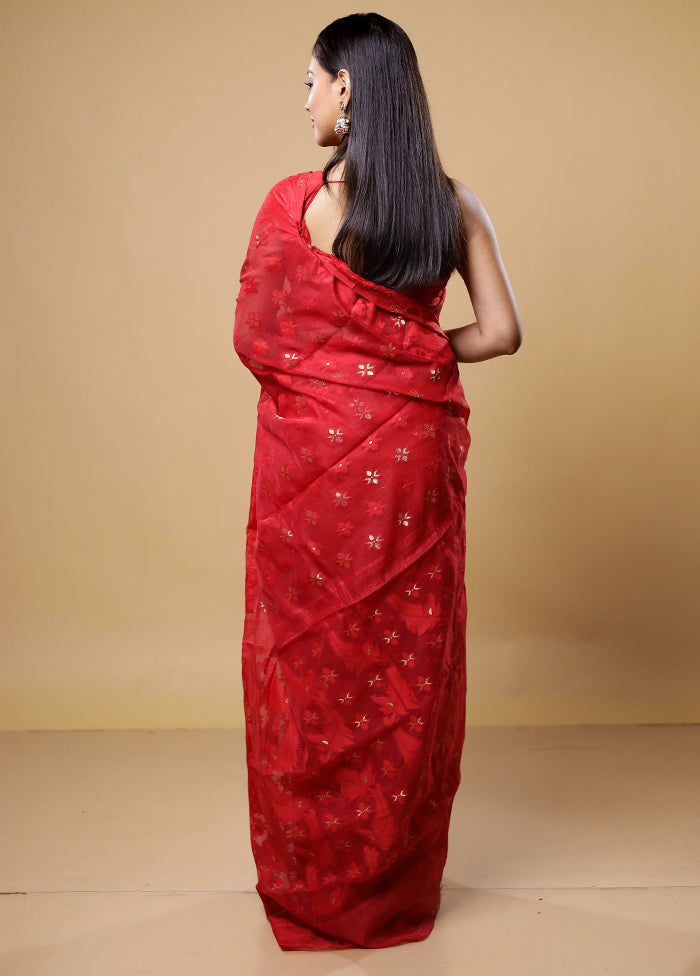 Red Tant Jamdani Saree Without Blouse Piece