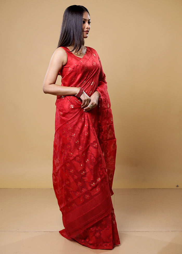 Red Tant Jamdani Saree Without Blouse Piece