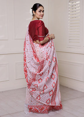 White Tant Jamdani Saree Without Blouse Piece