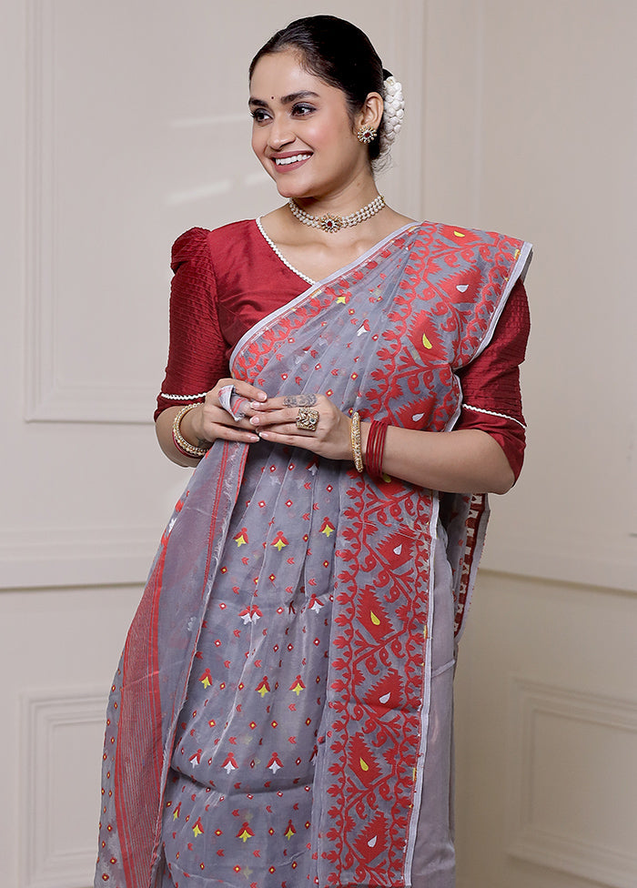 Grey Tant Jamdani Saree Without Blouse Piece