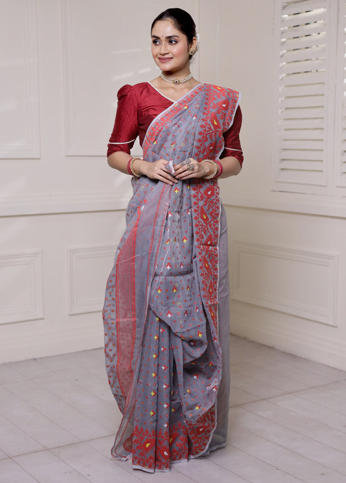 Grey Tant Jamdani Saree Without Blouse Piece