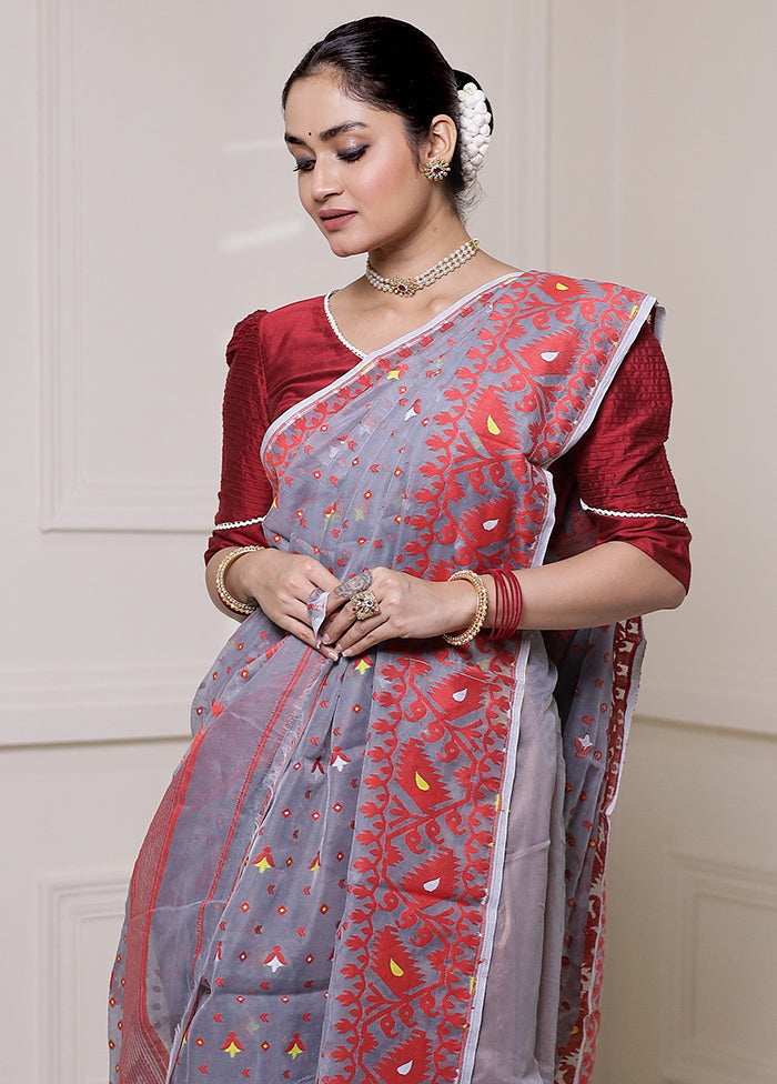 Grey Tant Jamdani Saree Without Blouse Piece