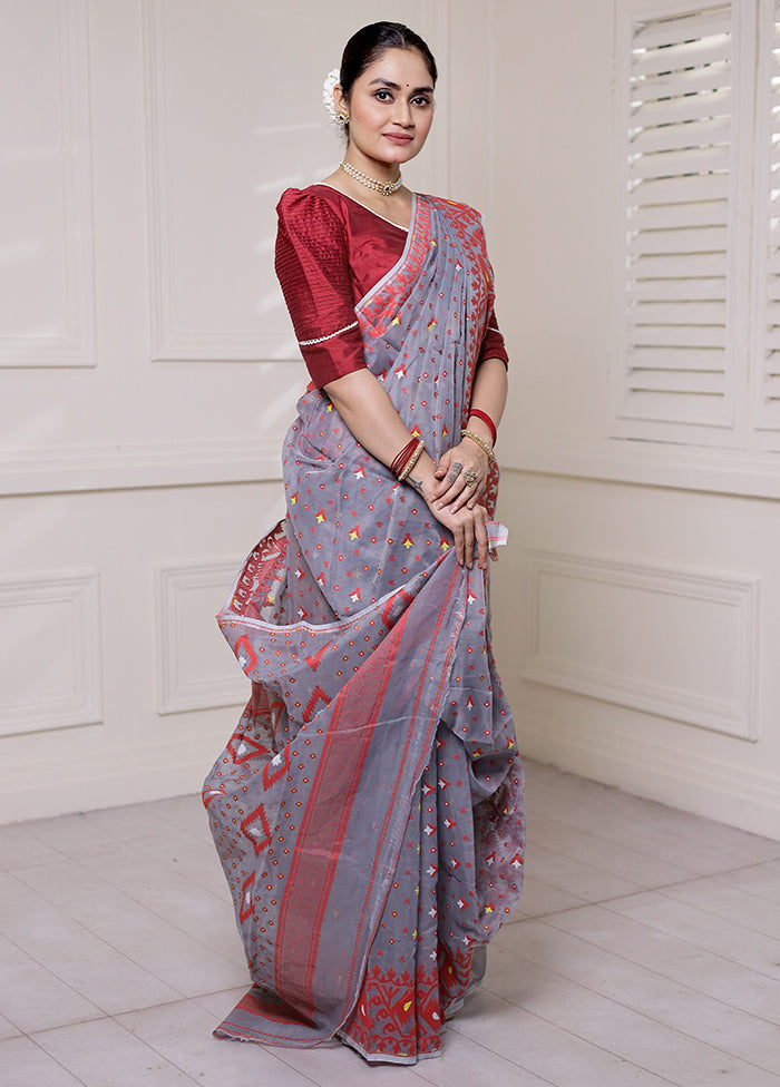 Grey Tant Jamdani Saree Without Blouse Piece