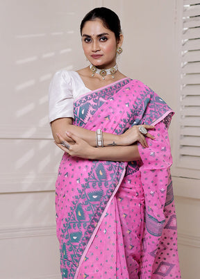 Pink Tant Jamdani Saree Without Blouse Piece