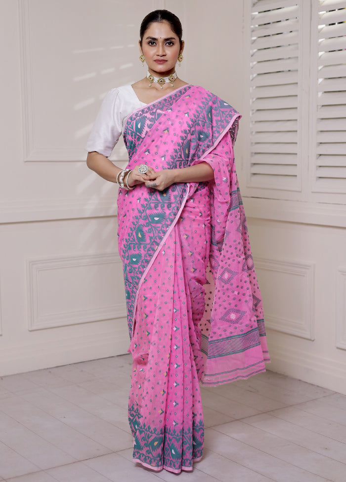 Pink Tant Jamdani Saree Without Blouse Piece