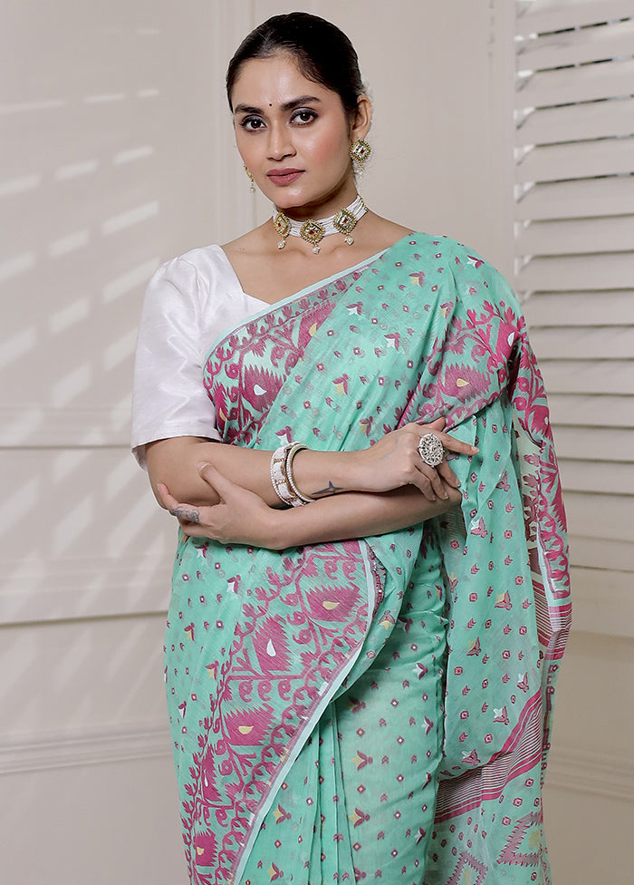 Green Tant Jamdani Saree Without Blouse Piece