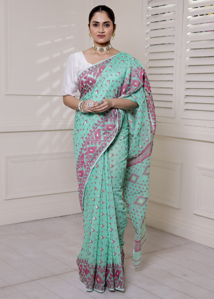 Green Tant Jamdani Saree Without Blouse Piece