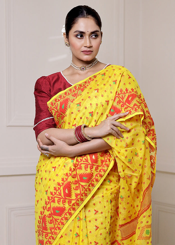 Yellow Tant Jamdani Saree Without Blouse Piece