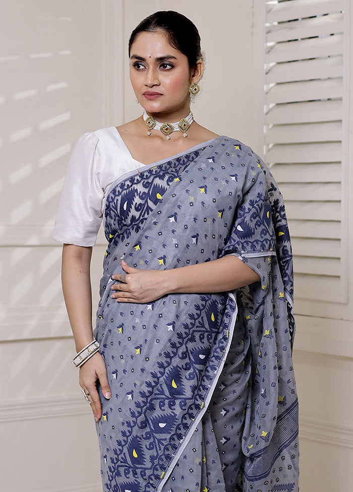 Grey Tant Jamdani Saree Without Blouse Piece