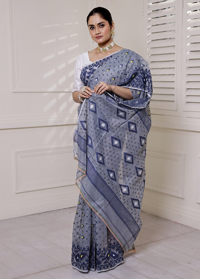 Grey Tant Jamdani Saree Without Blouse Piece