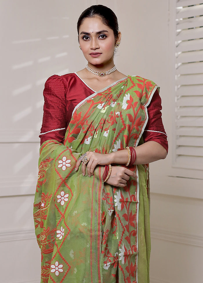 Green Tant Jamdani Saree Without Blouse Piece