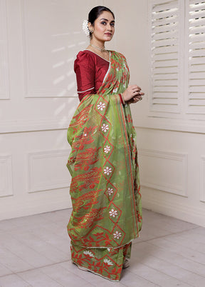 Green Tant Jamdani Saree Without Blouse Piece