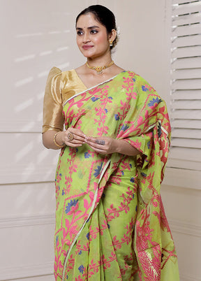 Green Tant Jamdani Saree Without Blouse Piece